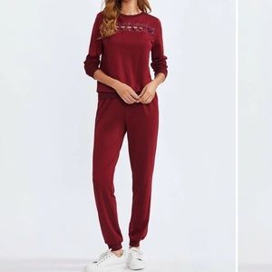 Eyelet crisscross detail loungewear set burgundy